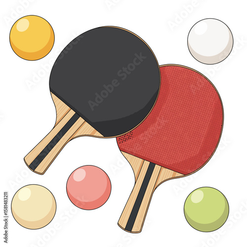 Two ping pong paddles and five colorful balls on a white background