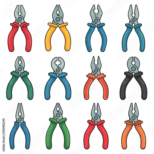 Collection of colorful pliers with different handle grips arranged in a grid