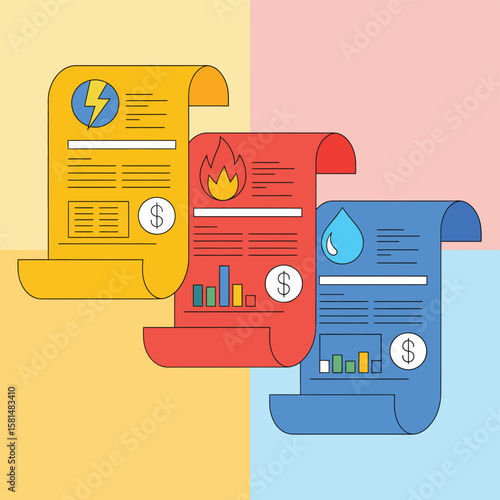 Utility bills for electricity water and gas with dollar signs and charts