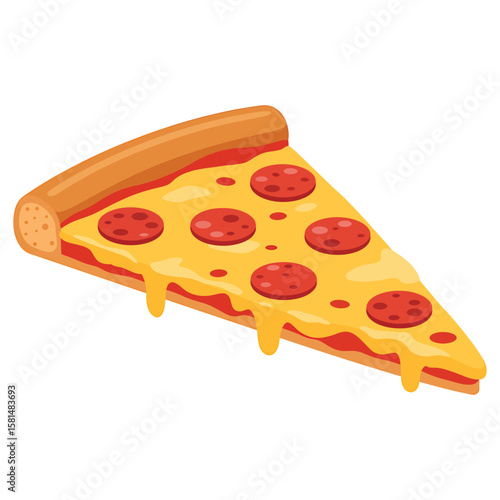A cartoon pepperoni pizza slice with melted cheese is isolated on white background