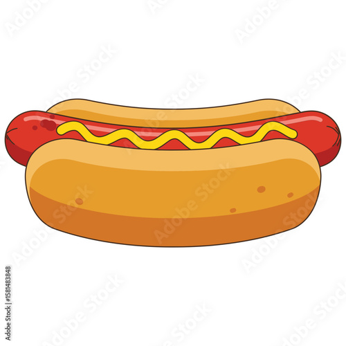 A cartoon hotdog with mustard is isolated on white background