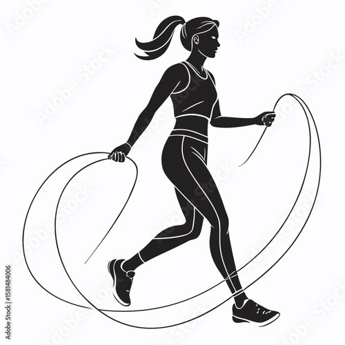 Silhouette of a fit woman with a ponytail jumping rope demonstrating an active lifestyle and healthy exercise routine