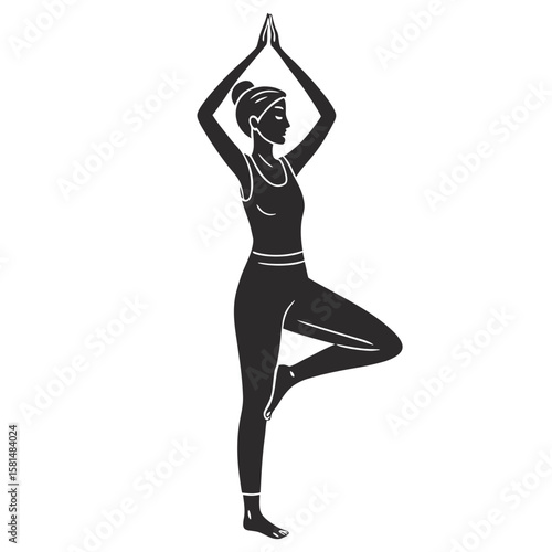 Silhouette of a woman performing the vrksasana yoga pose or tree pose with hands clasped overhead