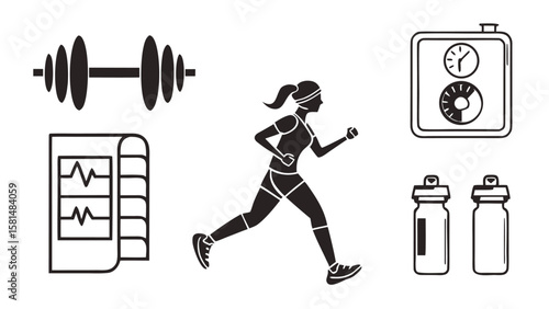 Collection of fitness icons including a running woman dumbbell stopwatch health tracker and water bottles on a white background