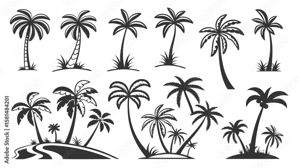 Fototapeta premium Collection of diverse black silhouette palm trees with various shapes and sizes on a white background