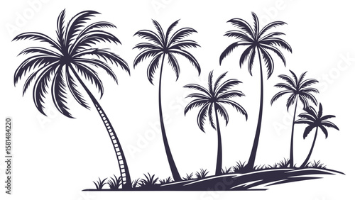 A group of stylized dark silhouette palm trees stand tall against a stark white background on a small island