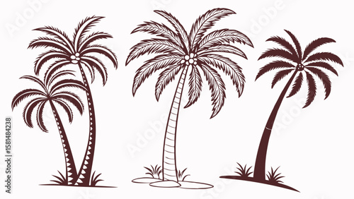 Three stylized brown silhouette palm trees with coconuts and green grass against a white background