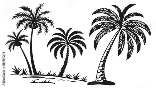 Collection of stylized black silhouette palm trees with coconuts and tropical foliage against a white background