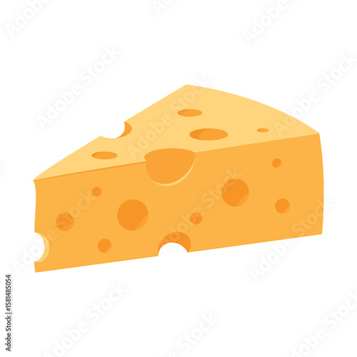 A triangular block of swiss cheese with holes is isolated on white background
