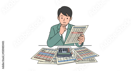 Cartoon Man in Green Suit Contemplates Financial Documents with Calculator.