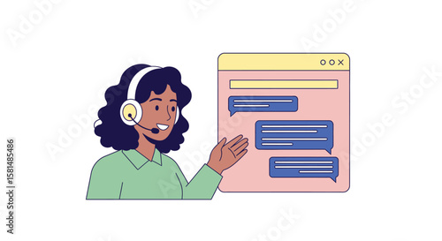 Customer Service Representative with Headset and Chat Interface Illustration.