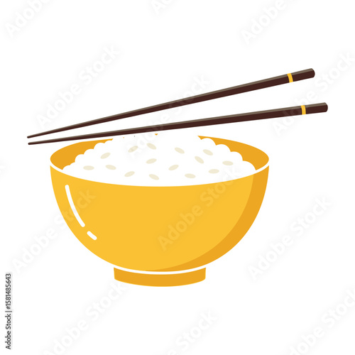 A yellow bowl of white rice with chopsticks isolated on white background