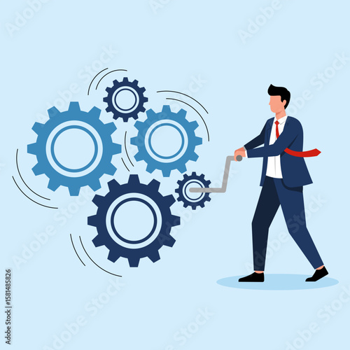 Illustration of a businessman turning a crank to power a series of gears, symbolizing efficient business operations and system management.
