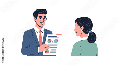 Smiling businessman in suit presenting financial report with pie charts to attentive older woman.