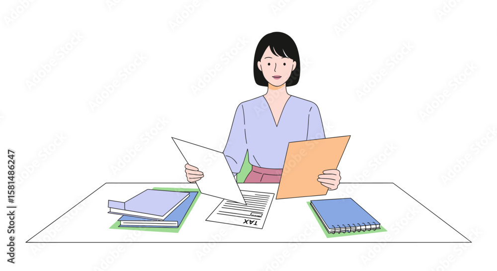 Woman reviewing tax documents at desk illustrated in minimalist style. Woman reviewing tax documents at desk illustrated in minimalist style.