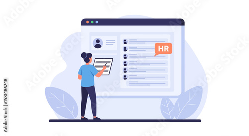 Woman Reviewing Employee Profiles on HR Software Interface.