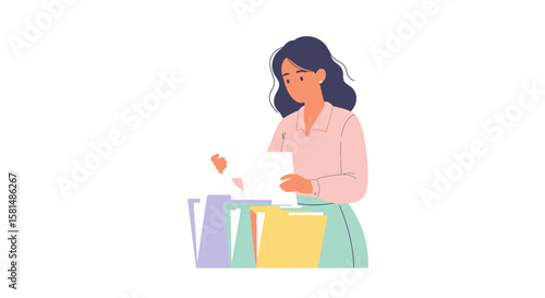Woman with Dark Hair Sorting Documents in Colorful File Folders Illustration.