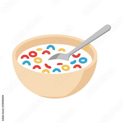 A bowl of colorful cereal rings with milk and a spoon, isolated on white background, makes for a delicious and nutritious breakfast