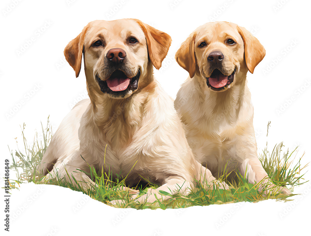 Fototapeta premium Portrait of two Labrador dogs, an adult and a puppy, sitting on the grass. The background is transparent png
