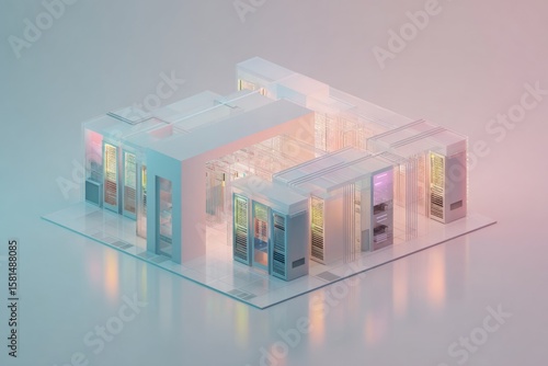 A 3D AI server room in soft pastel gradients, glowing circuits, and clean symmetrical architecture.