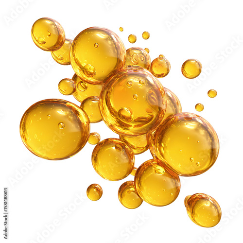 Golden liquid droplets float against a dark backdrop, showcasing a dynamic and visually appealing arrangement of oil spheres, silhouette, transparent background