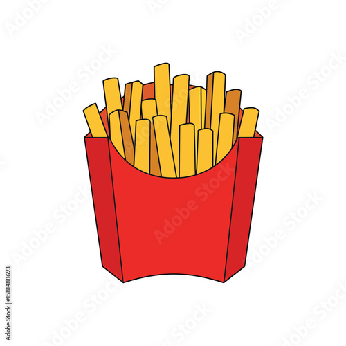 A portion of golden and crispy french fries in a red box, isolated on white background