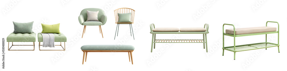 Set of Green Upholstered Benches and Chairs Isolated on White Set of Green Upholstered Benches and Chairs Isolated on White