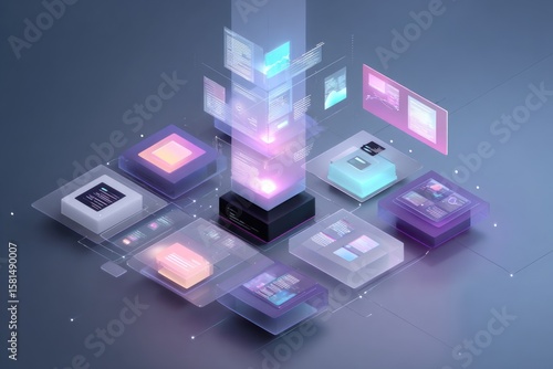 Wallpaper Mural A minimalist AI control center in isometric 3D style, featuring floating interfaces and pastel color holographic panels Torontodigital.ca