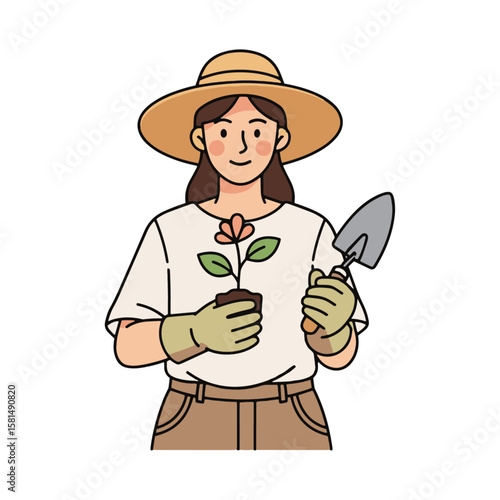 Smiling gardener woman in straw hat and gloves holds a blooming potted plant and a trowel, ready for spring gardening, symbolizing growth, care, and horticulture.