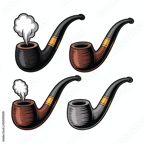 Collection of four vintage smoking pipes with smoke coming from two of them