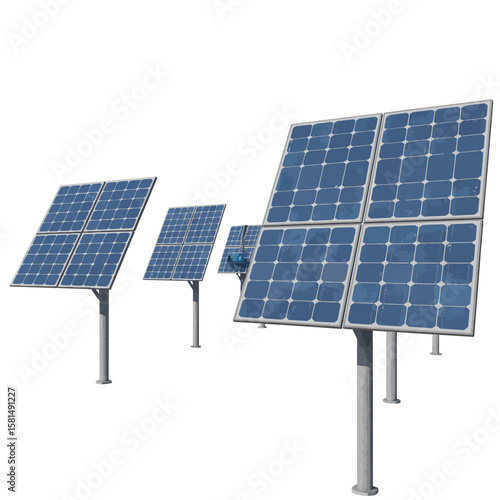 Modern solar panels mounted on poles against a clean white background