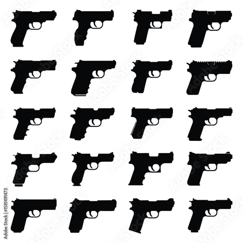 Collection of black silhouette handguns and pistols on white background