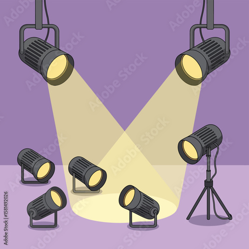 Multiple spotlights illuminating a stage with yellow light on a purple background