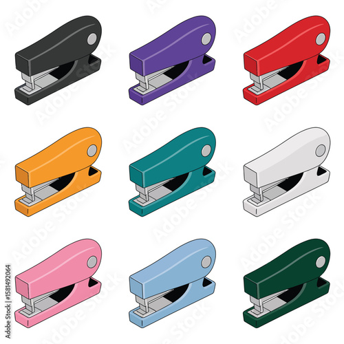 Collection of nine colorful desk staplers arranged in a grid pattern