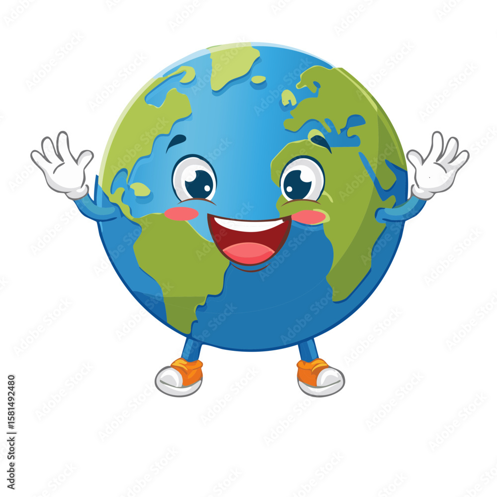 Naklejka premium Smiling Cartoon Earth Character with Arms and Shoes Waving Happily and Cheerfully
