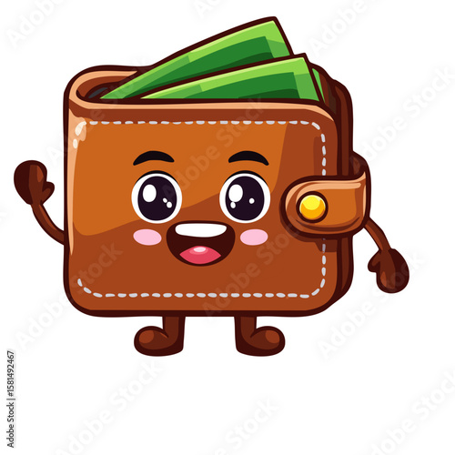 Smiling Cartoon Wallet Character with Cash Inside and Cheerful Face Waving Happily