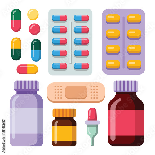 Collection of colorful medical pills capsules bottles and bandage on white background