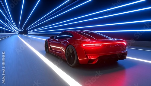 Futuristic red sports car in a glowing neon tunnel
