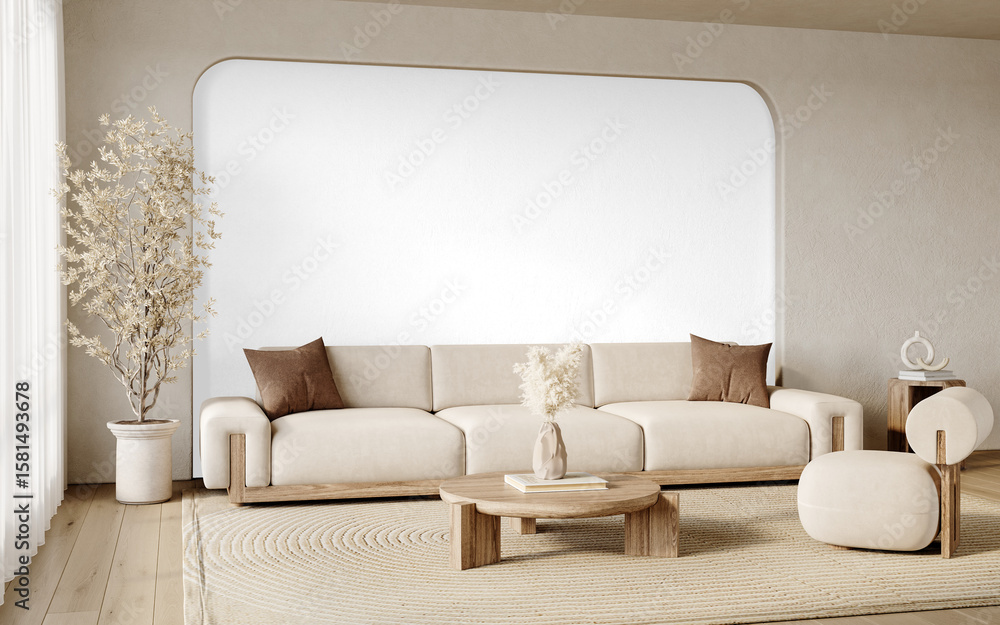 Fototapeta premium Stylish Living Room Interior with Minimal Armchair, Sofa, and Wooden Table – Transparent PNG with Realistic Shadows