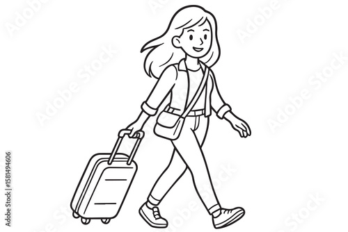 Black and white vector illustration of a young woman pulling a suitcase, outlined in bold black lines, symbolizing travel, freedom, and adventure.

