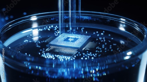A striking visual capturing cutting-edge technology, a central processing unit immersed in a liquid, the scene awash in an ethereal blue glow.