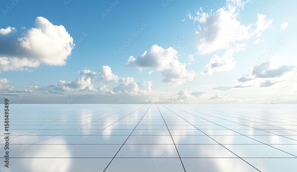 Vast, flat expanse of white tiled floor, reflecting a clear blue sky with puffy clouds Vast, flat expanse of white tiled floor, reflecting a clear blue sky with puffy clouds