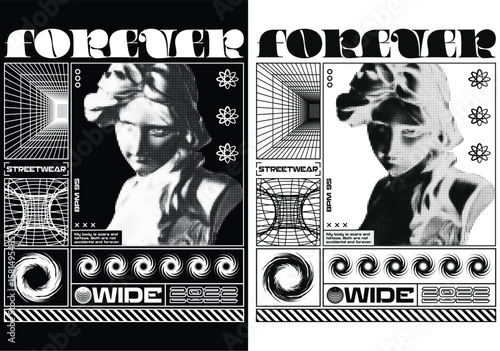 Modern Streetwear Design: An artistic graphic with geometric patterns and a classical sculpture with forever inscription and streetwear text and the word wide at the bottom.