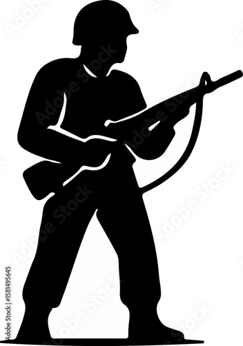 Black-and-white silhouette of a soldier with helmet and rifle in a steady ready-to-fire pose, ideal for military, defense, and tactical-themed vector design