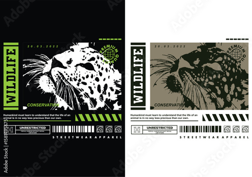 Wildlife Conservation Apparel: A bold streetwear apparel design featuring a stylized leopard graphic, a call for wildlife conservation and awareness.