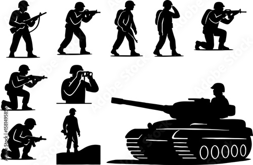 Silhouettes of soldiers in diverse poses including aiming, standing, walking, kneeling, and observing with a tank, ideal for military-themed vector illustrations and tactical graphics