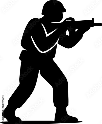 lack-and-white silhouette of a soldier with helmet and rifle in a steady ready-to-fire pose, ideal for military, defense, and tactical-themed vector design