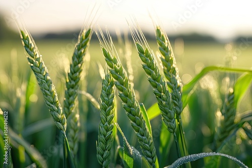 Close-up of unripe wheat stalks in a field at dawn