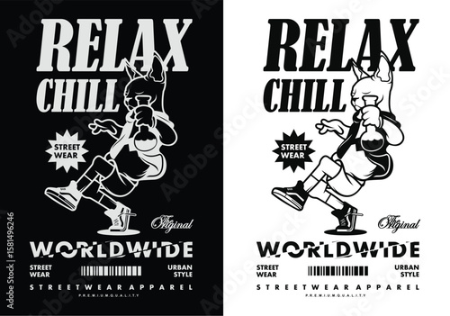 Relax and Chill Design: Unique streetwear design in black and white, conveying a message of relaxation, chill vibes, and urban style, set against a clean backdrop.