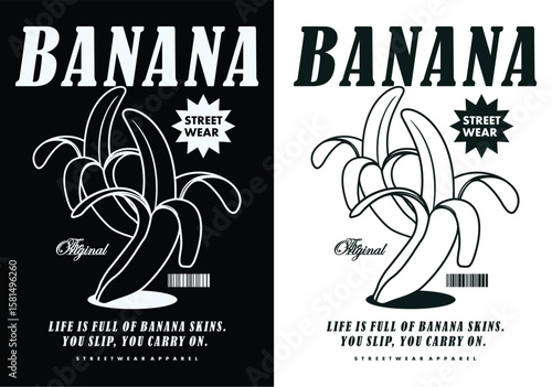 Banana Streetwear Artwork: Eye-catching graphic featuring the word BANANA and a peeled fruit, perfectly encapsulating urban style and artistic expression for apparel or design.